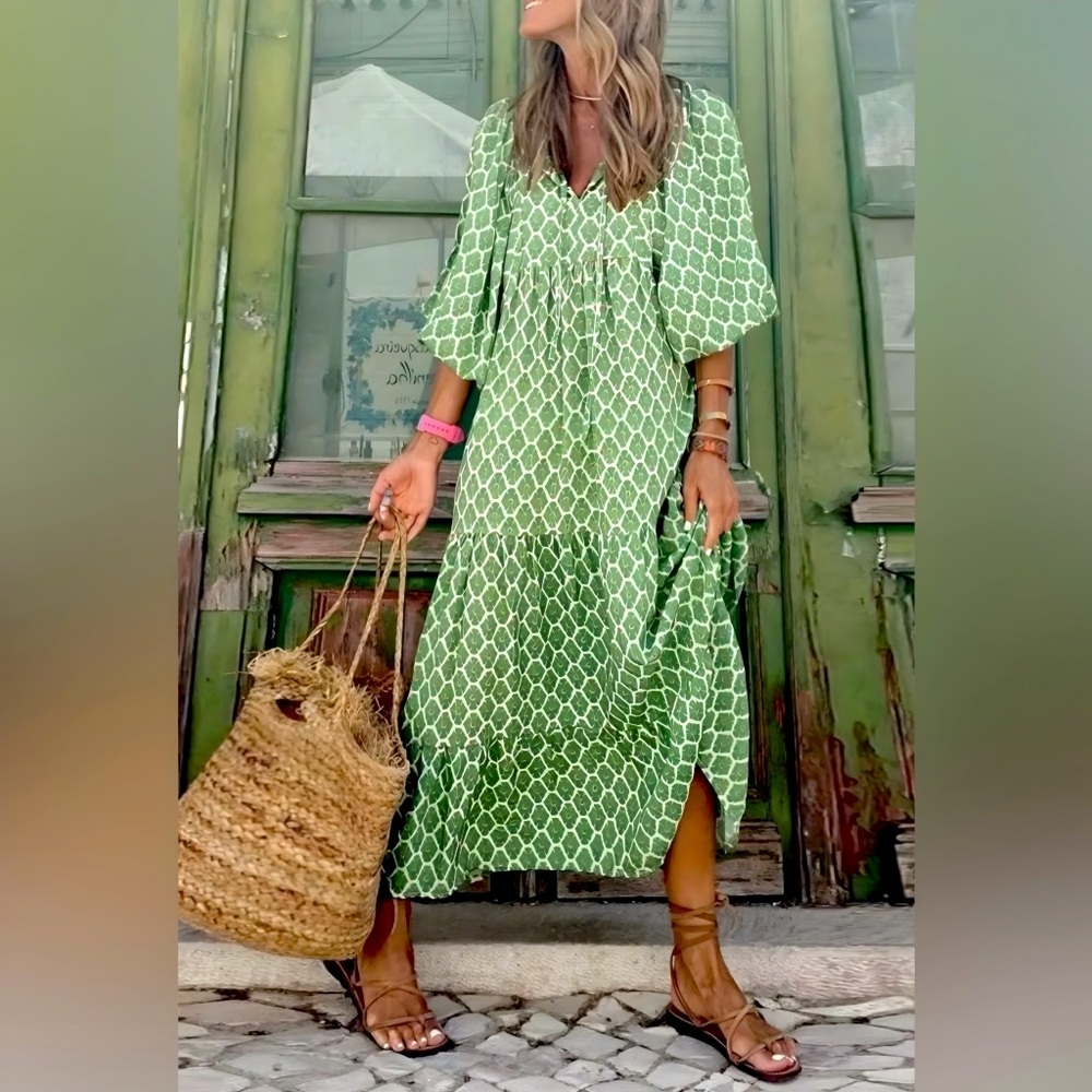 Rosa Clothing Green Bohemian Geometric Maxi Dress with Balloon Sleeves NWT